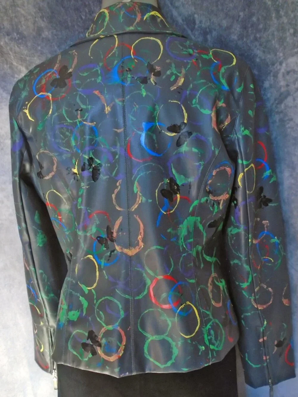 Vegan Leather Jacket with Eclectic Multicolor  Art Hobo Chic Edgy OOAK Unique - Picture 9 of 13